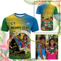 Custom Photo Malampa Fiji Day T Shirt Together We Grow Coat Of Arms Tropical Flowers CTM14 Blue - Polynesian Pride