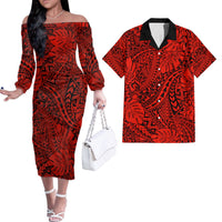 Hawaii Couples Matching Off Shoulder Long Sleeve Dress and Hawaiian Shirt Red Polynesian Tribal Art LT14 Red - Polynesian Pride