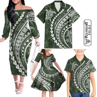 Hawaii Family Matching Outfits Polynesian Pride Off Shoulder Long Sleeve Dress And Shirt Family Set Clothes Turtle Hibiscus Luxury Style - Sage LT7 - Polynesian Pride