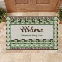 Custom Bula Fiji Family Name Rubber Doormat Green Fijian Tribal Tapa Pattern