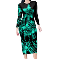 Polynesian Pride Plumeria Flowers Long Sleeve Dress Polynesian Tribal Aqua Vibe LT9 Polyester/spandex Aqua - Polynesian Pride