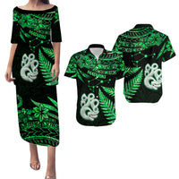 Couples Matching Hawaiian Outfits Matariki New Zealand Puletasi Dress and Hawaiian Shirt Manaia with Paua Shell - Green LT9 Green - Polynesian Pride