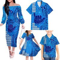 Strong Maui Family Matching Off Shoulder Long Sleeve Dress and Hawaiian Shirt Good Living Hawaii with Shaka Sign Kakau Tribal Blue LT9 Blue - Polynesian Pride