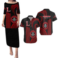 Matching Outfit For Couples Hawaii Lahainaluna High School Puletasi Dress and Hawaiian Shirt Polynesian Kakau Pattern LT14 Red - Polynesian Pride