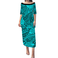 Personalised Hawaii Matching Couple Outfits For Vacation Puletasi Dress and Hawaiian Shirt Turquoise Polynesian Tribal Art LT14 - Polynesian Pride