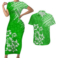 Hawaii Summer Couples Matching Outfits Combo Bodycon Dress And Hawaii Shirt Mix Polynesian Green LT6 4XL - Polynesian Pride