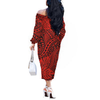 Red Hawaii Family Matching Off Shoulder Long Sleeve Dress And Hawaiian Shirt Tribal Art LT14 - Polynesian Pride