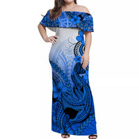 Blue Hawaii Family Matching Outfits Off Shoulder Maxi Dress And Hawaiian Shirt Polynesian Shark Tattoo LT14 Mom's Dress Blue - Polynesian Pride