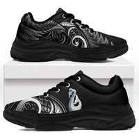 All Black New Zealand Chunky Sneakers Aotearoa Silver Fern With Manaia Maori Unique LT14 Black - Polynesian Pride