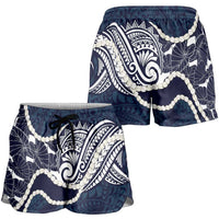 Aloha Hawaii Kalo Pikake Lei Shorts for Women Chest Tattoo Oxford Blue Hawaiian Pattern LT14 - Polynesian Pride