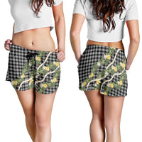 Aloha Puakenikeni Anthurium Pikake Lei Shorts for Women Black Hawaiian Palaka Pattern