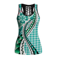 Aloha Vintage Palaka Floral Hawaiian Quilt Hollow Tank Top Polu Motif LT9 Female Turquoise - Polynesian Pride