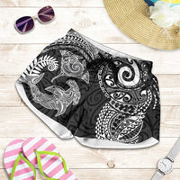 Aotearoa Maori Sea Animals Tribal Shorts for Women Manta Ray and Shark Moko Pattern Black Color LT03 Black - Polynesian Pride