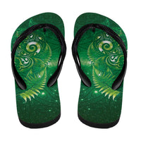 Aotearoa New Zealand New Year Flip Flops Tribal Koru Tattoo Green Galaxy Maori Silver Fern LT03 - Polynesian Pride