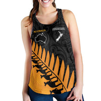 Australia New Zealand Rugby Women Racerback Tank Gold Aboriginal Wallabies and Maori Black Fern LT9 - Polynesian Pride