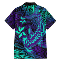 Purple Polynesian Family Matching Outfits Off Shoulder Long Sleeve Dress And Hawaiian Shirt Tribal Hammerhead Shark LT14 - Polynesian Pride