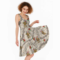 Beige Palaka Hawaii Mele Kalikimaka Midi Dress Ohia Lehua Shell Leis Funny Gingerbread Santa LT14 - Polynesian Pride