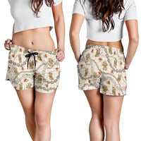 Beige Palaka Hawaii Mele Kalikimaka Shorts for Women Ohia Lehua Shell Leis Funny Gingerbread Santa LT14 - Polynesian Pride