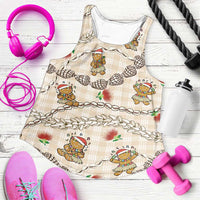 Beige Palaka Hawaii Mele Kalikimaka Women Racerback Tank Ohia Lehua Shell Leis Funny Gingerbread Santa LT14 Beige - Polynesian Pride