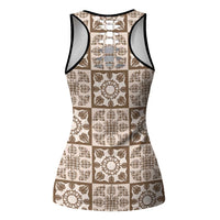 Beige Palaka Quilt Hawaii Hollow Tank Top Hawaiian Tropical Monstera Sea Turtle