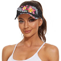 Black Polynesia Sun Visor Cap Plumeria With Hibiscus Pattern Tropical Vibes LT14 - Polynesian Pride