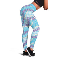 Blue Hawaii Palaka Honohono Pikake Leggings Hawaiian Orchid Lei Polynesian Pattern - Polynesian Pride
