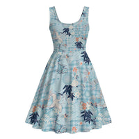 Blue Palaka Crane and Flowers Midi Dress Japan Heritage Spirit - Polynesian Pride