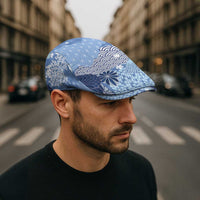 Blue Palaka Japanese Traditional Jeff Hat Asanoha Seigaiha Sakura Motif - Polynesian Pride