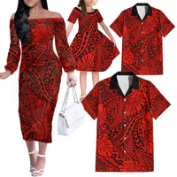 Red Hawaii Family Matching Off Shoulder Long Sleeve Dress And Hawaiian Shirt Tribal Art LT14 Dad's Shirt - 6XL - Polynesian Pride