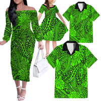 Green Hawaii Family Matching Off Shoulder Long Sleeve Dress And Hawaiian Shirt Tribal Art LT14 Dad's Shirt - 6XL - Polynesian Pride