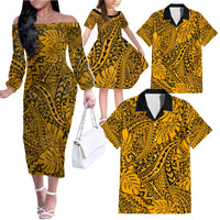 Gold Hawaii Family Matching Off Shoulder Long Sleeve Dress And Hawaiian Shirt Tribal Art LT14 Dad's Shirt - 6XL - Polynesian Pride