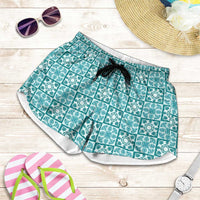 Cyan Palaka Quilt Hawaii Shorts for Women Hawaiian Tropical Monstera Sea Turtle LT14 Cyan - Polynesian Pride