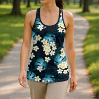 Dark Cyan Tropical Hawaii Hollow Tank Top Seamless Monstera Plumeria Hawaiian Pattern - Polynesian Pride