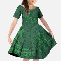 Polynesian Tribal Green Family Matching Off Shoulder Maxi Dress and Hawaiian Shirt Turtle Tattoo LT05 Daughter's Dress Green - Polynesian Pride