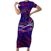 Father's Day American Samoa Family Matching Short Sleeve Bodycon Dress and Hawaiian Shirt Special Dad Polynesia Paradise DT02 Mom's Dress Blue - Polynesian Pride