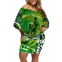 Father's Day Cook Islands Family Matching Off Shoulder Short Dress and Hawaiian Shirt Special Dad Polynesia Paradise DT02 Mom's Dress Green - Polynesian Pride