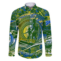 Father's Day Solomon Islands Family Matching Off Shoulder Short Dress and Hawaiian Shirt Special Dad Polynesia Paradise DT02 Dad's Shirt - Long Sleeve Green - Polynesian Pride