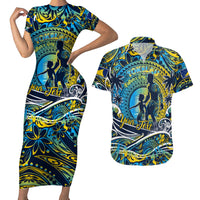 Father's Day Tokelau Couples Matching Short Sleeve Bodycon Dress and Hawaiian Shirt Special Dad Polynesia Paradise DT02 Blue - Polynesian Pride