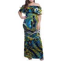 Father's Day Tokelau Family Matching Off Shoulder Maxi Dress and Hawaiian Shirt Special Dad Polynesia Paradise DT02 Mom's Dress Blue - Polynesian Pride