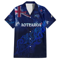 Personalised New Zealand Family Matching Off Shoulder Long Sleeve Dress and Hawaiian Shirt Aotearoa Map Silver Fern DT02 Dad's Shirt - Short Sleeve Blue - Polynesian Pride