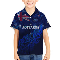 Personalised New Zealand Family Matching Puletasi Dress and Hawaiian Shirt Aotearoa Map Silver Fern DT02 Son's Shirt Blue - Polynesian Pride