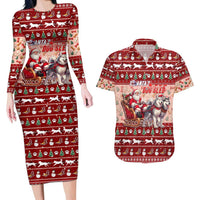Dog Sled Christmas Couples Matching Long Sleeve Bodycon Dress and Hawaiian Shirt Husky Sleigh Ride Design DT02 Red - Polynesian Pride