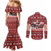 Dog Sled Christmas Couples Matching Mermaid Dress and Long Sleeve Button Shirt Husky Sleigh Ride Design DT02 - Polynesian Pride
