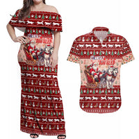 Dog Sled Christmas Couples Matching Off Shoulder Maxi Dress and Hawaiian Shirt Husky Sleigh Ride Design DT02 Red - Polynesian Pride