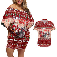 Dog Sled Christmas Couples Matching Off Shoulder Short Dress and Hawaiian Shirt Husky Sleigh Ride Design DT02 Red - Polynesian Pride