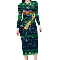 Merry Christmas New Zealand Long Sleeve Bodycon Dress Xmas Travel Map DT02 Long Dress Blue - Polynesian Pride