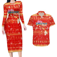 Merry Christmas Hawaii Couples Matching Long Sleeve Bodycon Dress and Hawaiian Shirt Xmas Travel Map DT02 Red - Polynesian Pride