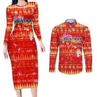 Merry Christmas Hawaii Couples Matching Long Sleeve Bodycon Dress and Long Sleeve Button Shirt Xmas Travel Map DT02 Red - Polynesian Pride