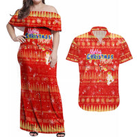 Merry Christmas Hawaii Couples Matching Off Shoulder Maxi Dress and Hawaiian Shirt Xmas Travel Map DT02 Red - Polynesian Pride
