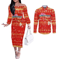 Merry Christmas Hawaii Couples Matching Off The Shoulder Long Sleeve Dress and Long Sleeve Button Shirt Xmas Travel Map DT02 Red - Polynesian Pride